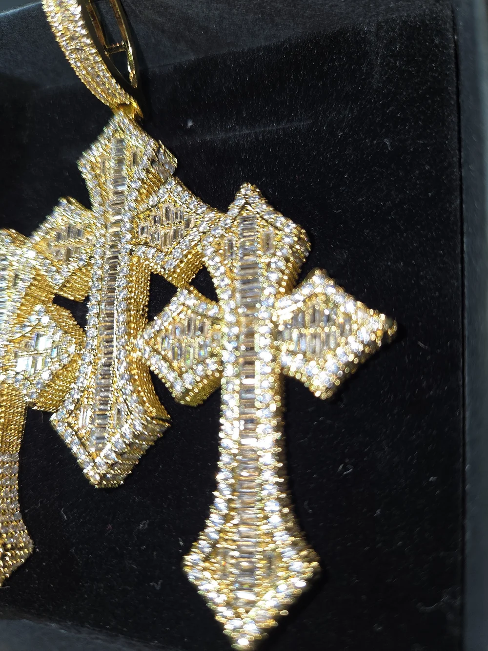Iced Out Triple Cross Moissanite Pendant/14k Gold Vermeil Over 925 Sterlling NEW